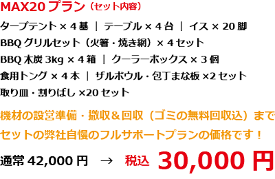 BBQレンタル期間限定プラン｜まとめてMAX20セット内容