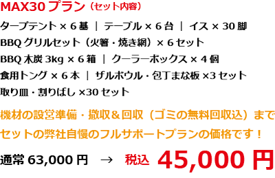 BBQレンタル期間限定プラン｜まとめてMAX30セット内容